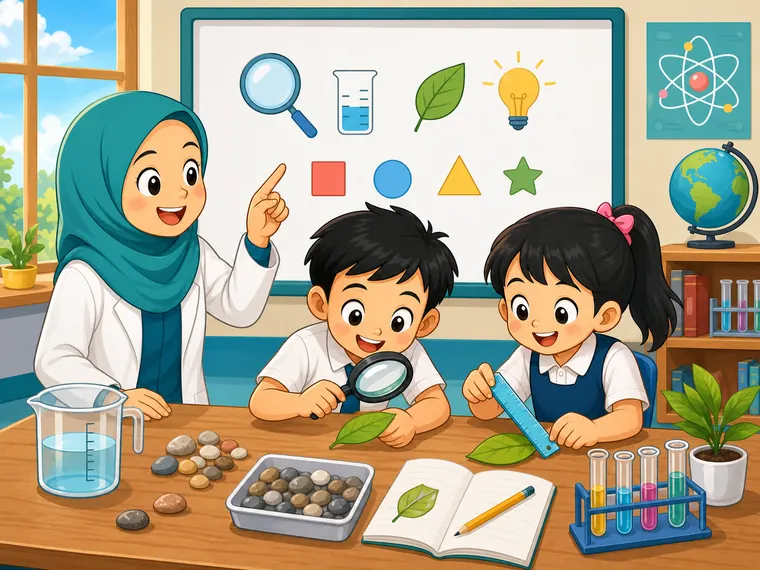 Guru dan murid membuat pemerhatian menggunakan alat sains