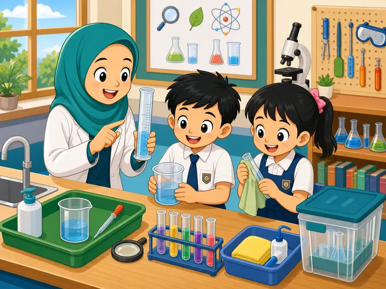 Guru dan murid menggunakan alat sains dengan betul