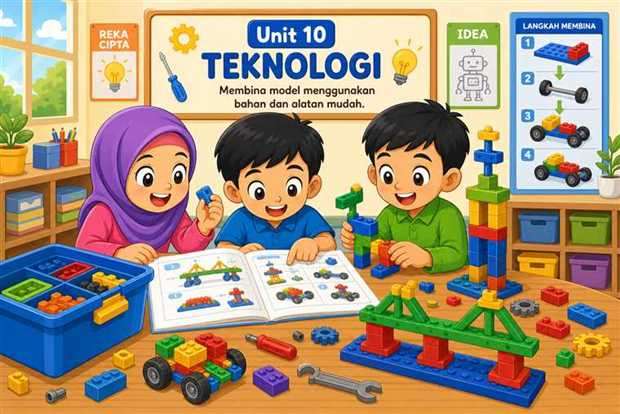 Kartun murid menggunakan set binaan dan manual bergambar