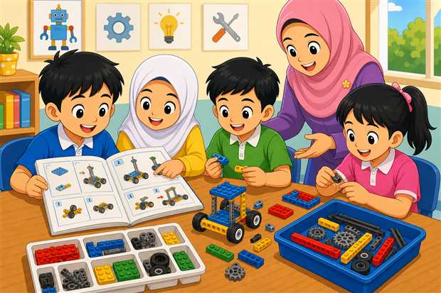 Kartun murid menggunakan set binaan dan manual bergambar