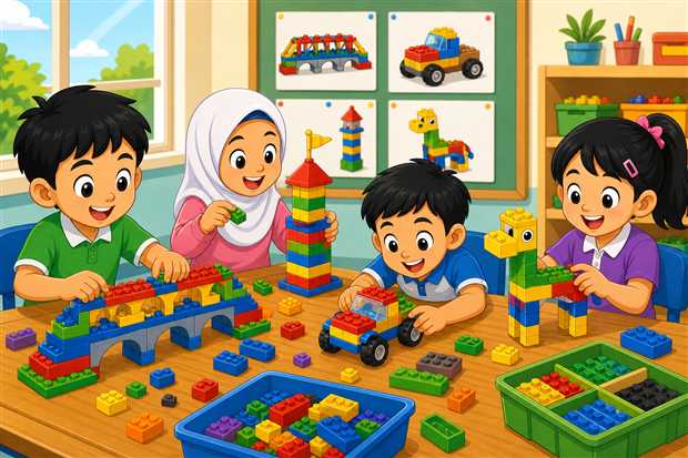 Kartun murid menggunakan set binaan dan manual bergambar