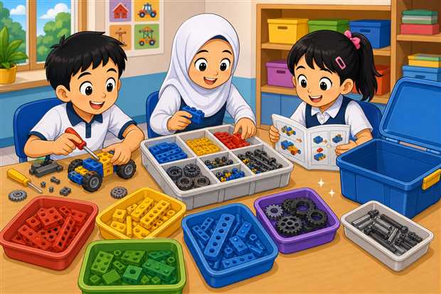 Kartun murid menggunakan set binaan dan manual bergambar