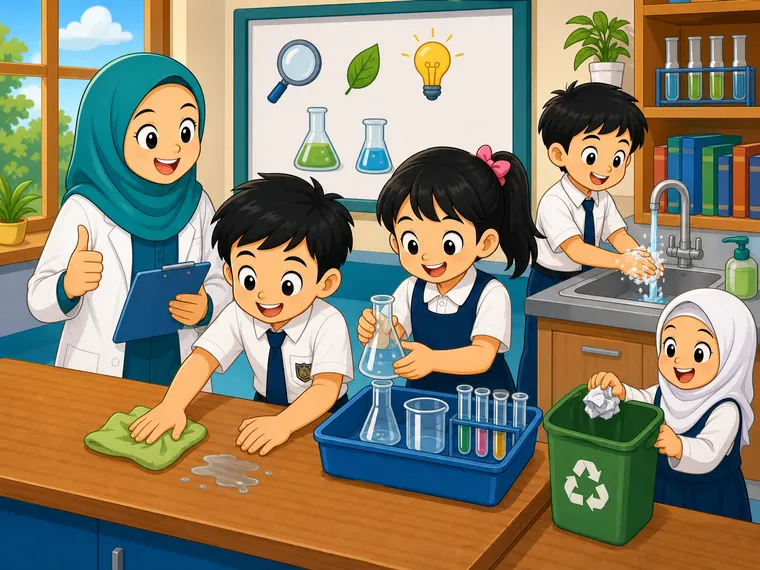 Murid membersihkan dan menyimpan alat selepas aktiviti sains