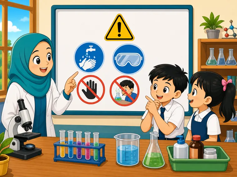 Guru menerangkan simbol keselamatan di bilik sains