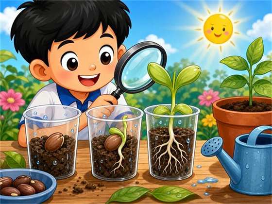 Kartun biji benih bercambah dengan air udara dan suhu sesuai
