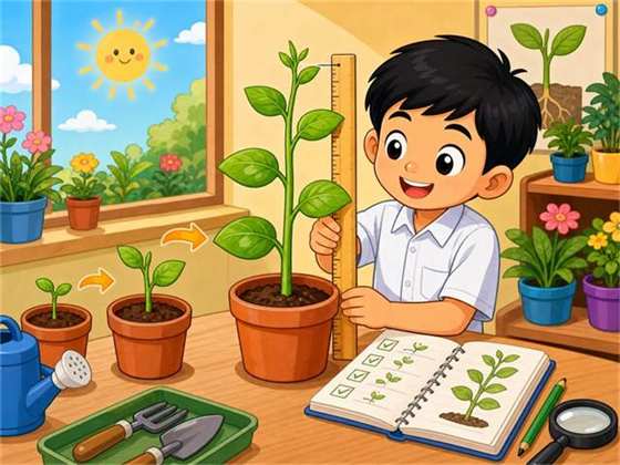 Kartun murid memerhati tumbesaran tumbuhan