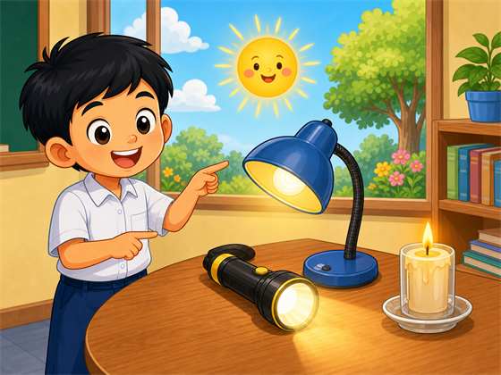 Kartun sumber cahaya seperti matahari lampu dan lampu suluh