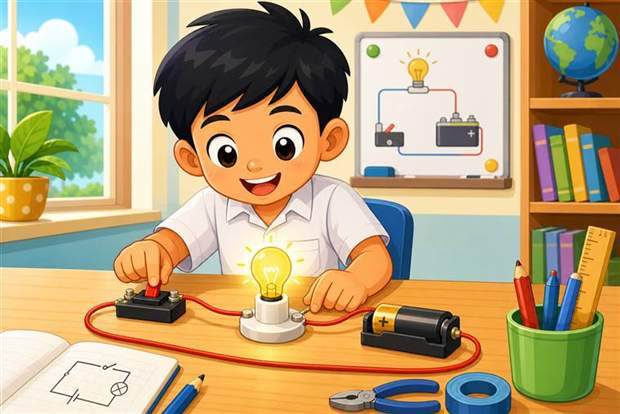 Kartun murid membina litar elektrik ringkas