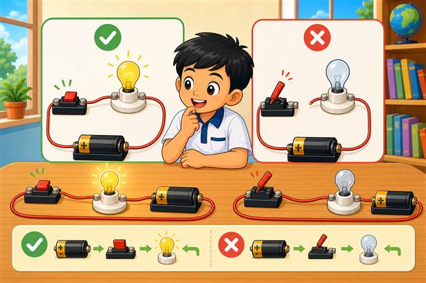 Kartun murid membina litar elektrik ringkas