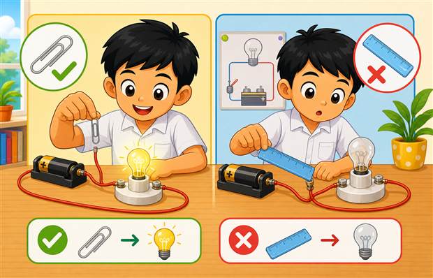 Kartun murid membina litar elektrik ringkas
