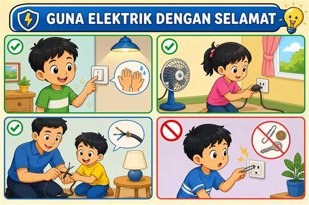 Kartun murid membina litar elektrik ringkas