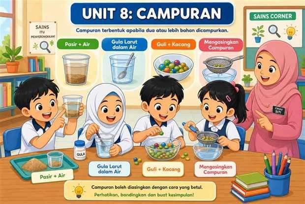 Kartun murid belajar campuran bahan di bilik sains