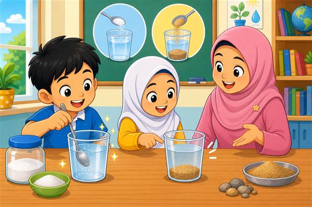 Kartun murid belajar campuran bahan di bilik sains