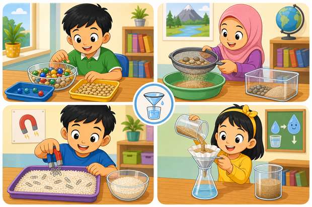Kartun murid belajar campuran bahan di bilik sains