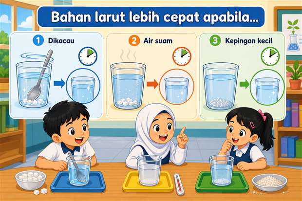 Kartun murid belajar campuran bahan di bilik sains