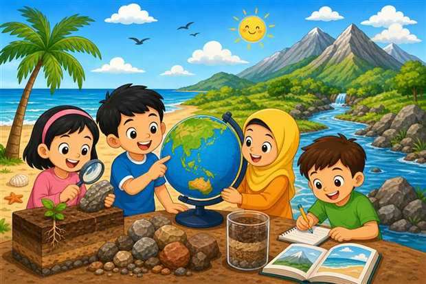 Kartun murid belajar tentang Bumi dan sumber air semula jadi