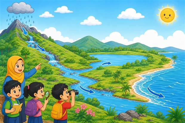 Kartun murid belajar tentang Bumi dan sumber air semula jadi