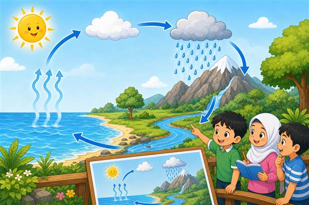 Kartun murid belajar tentang Bumi dan sumber air semula jadi