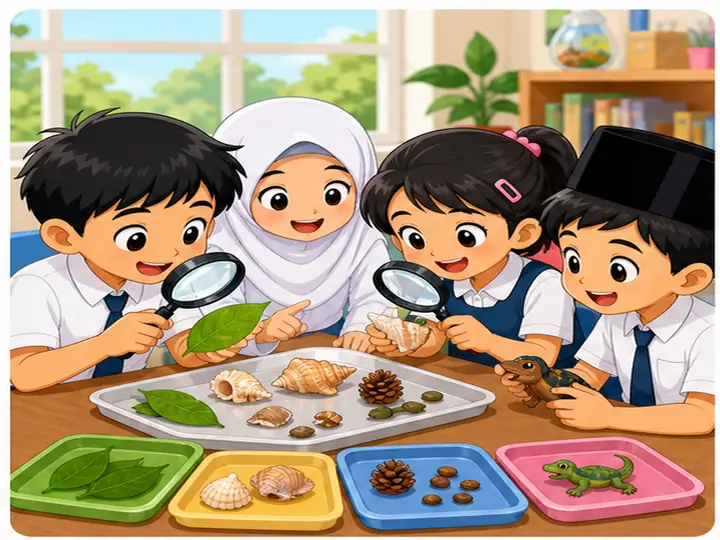 Murid memerhati dan mengelas objek menggunakan kanta pembesar