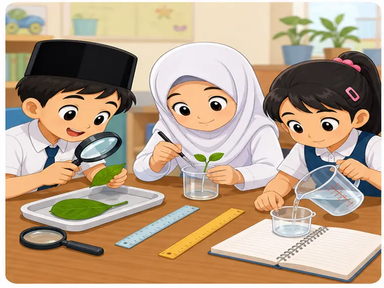 Murid menggunakan alat sains dengan cermat