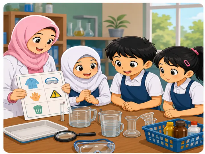 Guru dan murid bersedia sebelum aktiviti sains