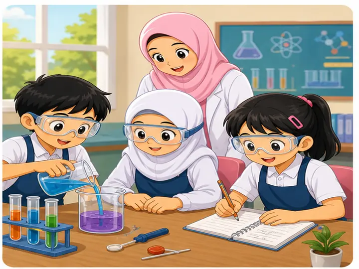 Murid menjalankan eksperimen dengan cermat