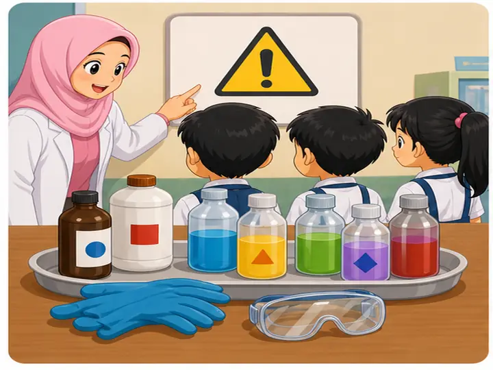 Bahan berlabel dan simbol amaran di bilik sains