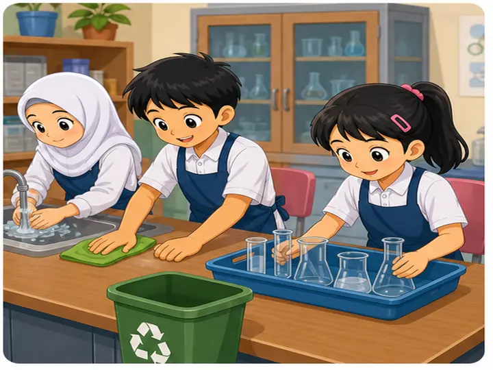 Murid membersihkan meja dan mencuci tangan selepas aktiviti