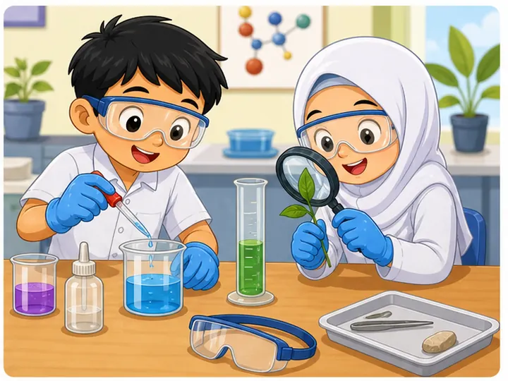 Murid mengendalikan alat sains dengan selamat