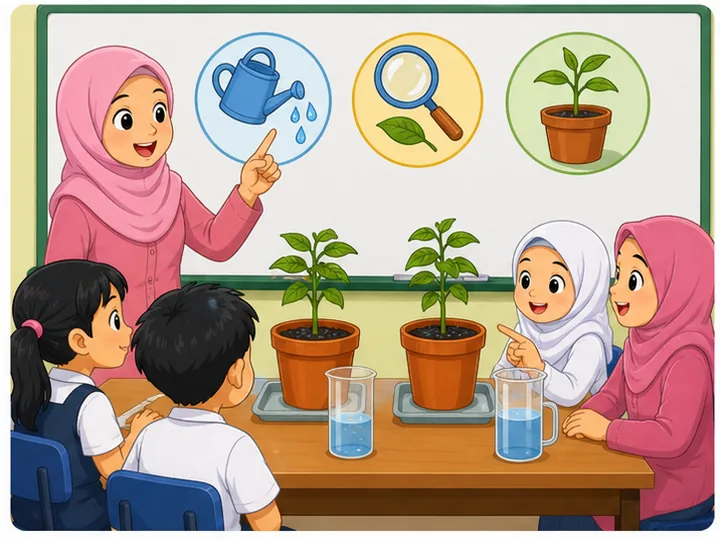 Guru menerangkan pemboleh ubah menggunakan eksperimen tumbuhan