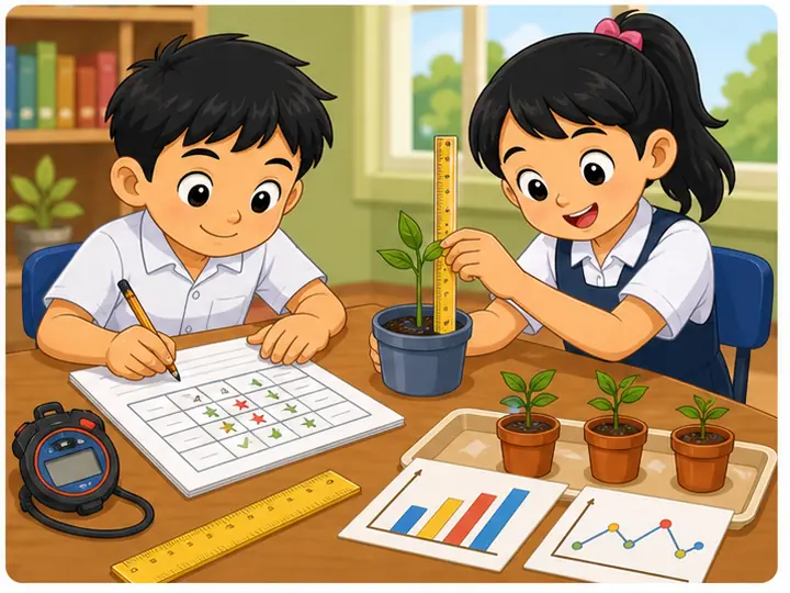 Murid menjalankan eksperimen adil dan merekod data