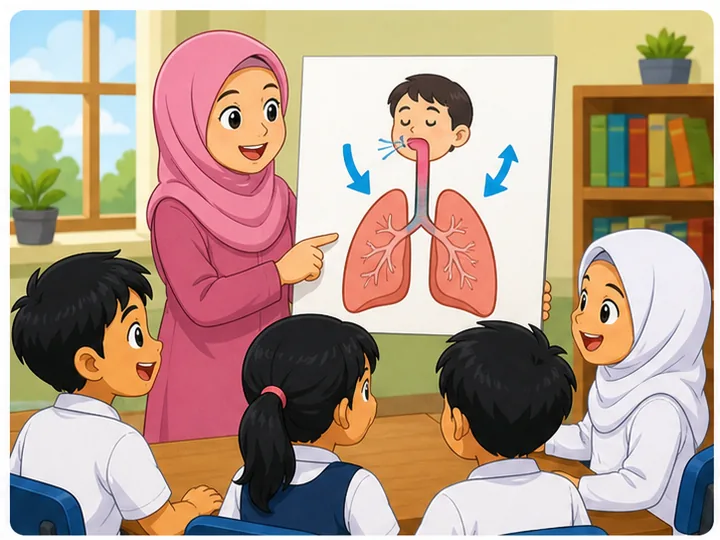 Murid belajar pernafasan manusia dengan poster peparu