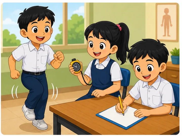Murid mengira kadar pernafasan selepas aktiviti