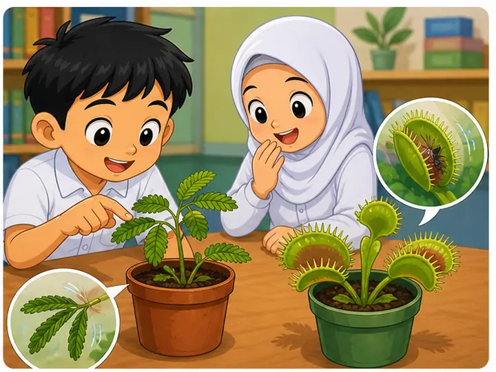 Murid memerhati pokok semalu dan tumbuhan pasu