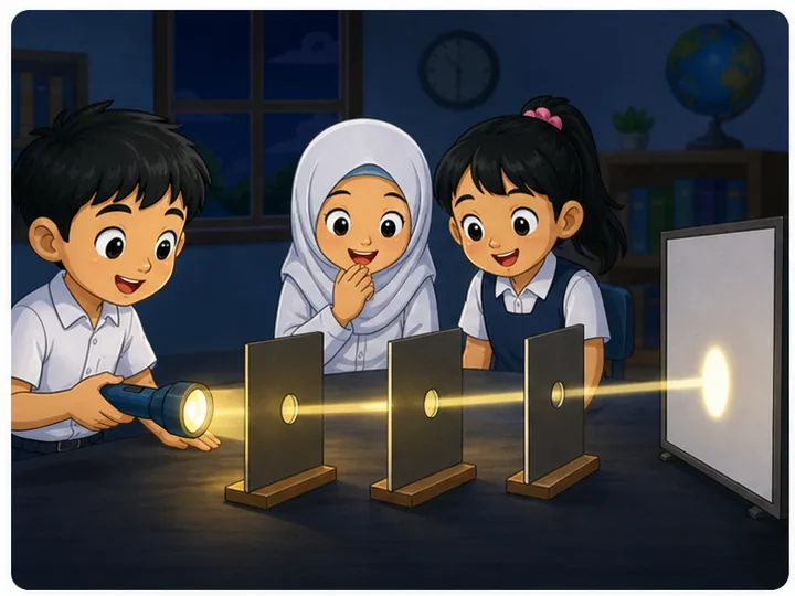 Murid menguji cahaya bergerak lurus dengan lampu suluh