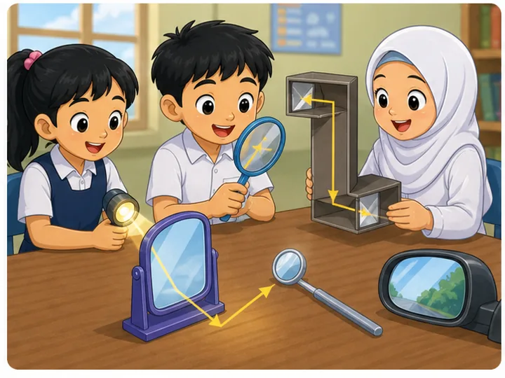 Murid meneroka pantulan cahaya menggunakan cermin
