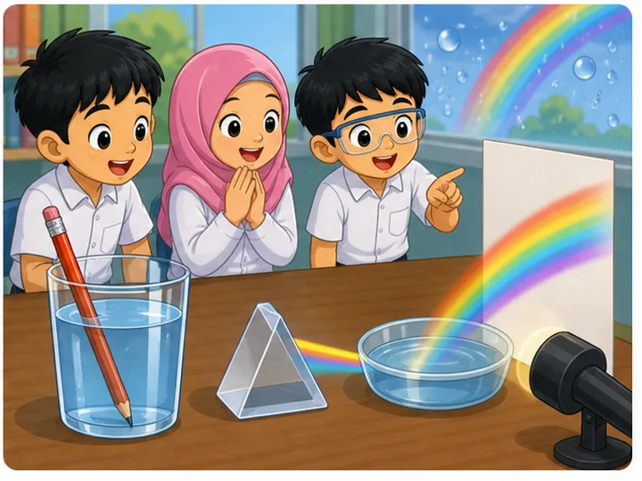 Pembiasan cahaya dengan pensel dalam air dan prisma