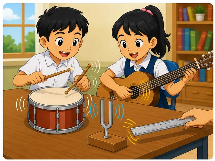 Murid menghasilkan bunyi melalui getaran alat muzik