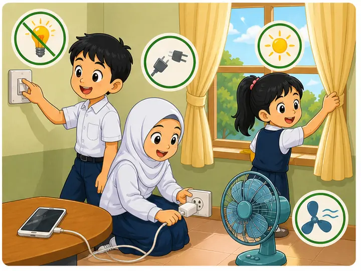 Murid mengamalkan penjimatan tenaga