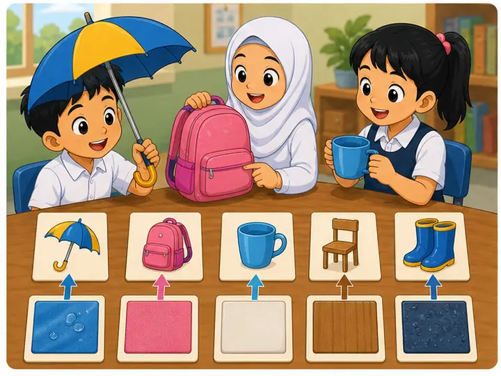 Murid memadankan bahan dengan kegunaan objek