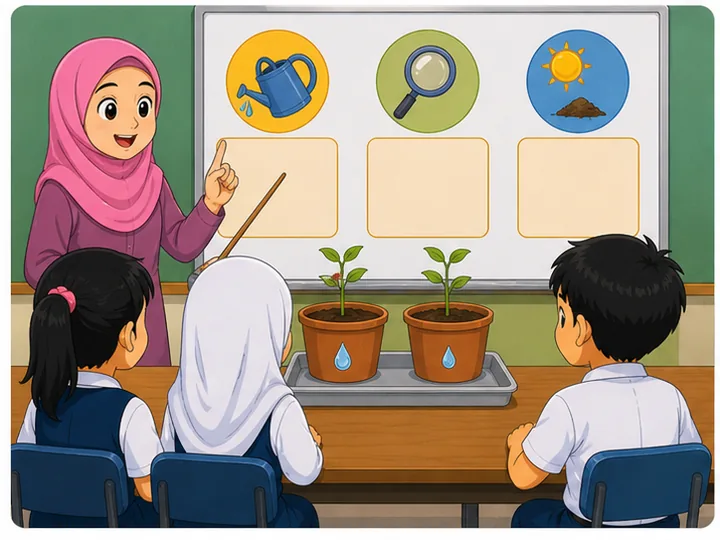 Guru menerangkan ujian adil dan pemboleh ubah menggunakan dua pasu tumbuhan