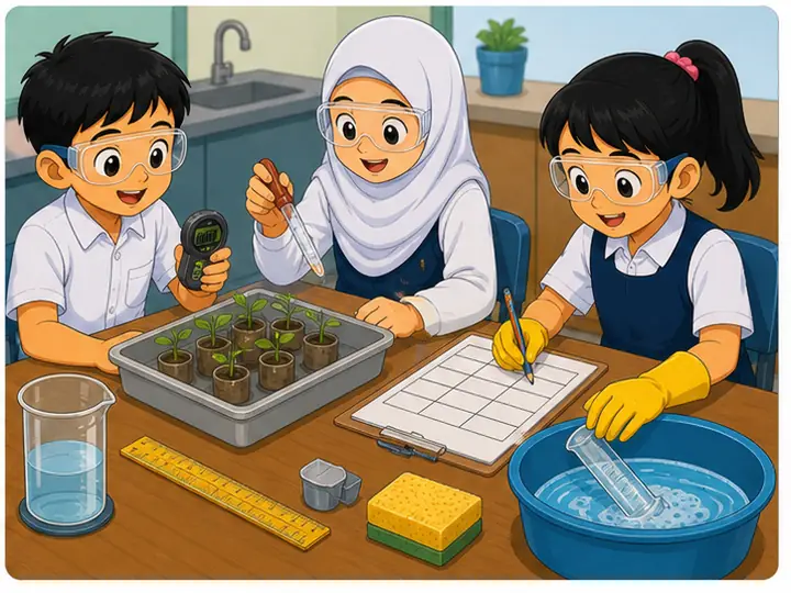 Murid menjalankan eksperimen dengan alat sains dan merekod data