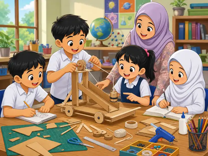 Murid membina model mesin ringkas di dalam kelas