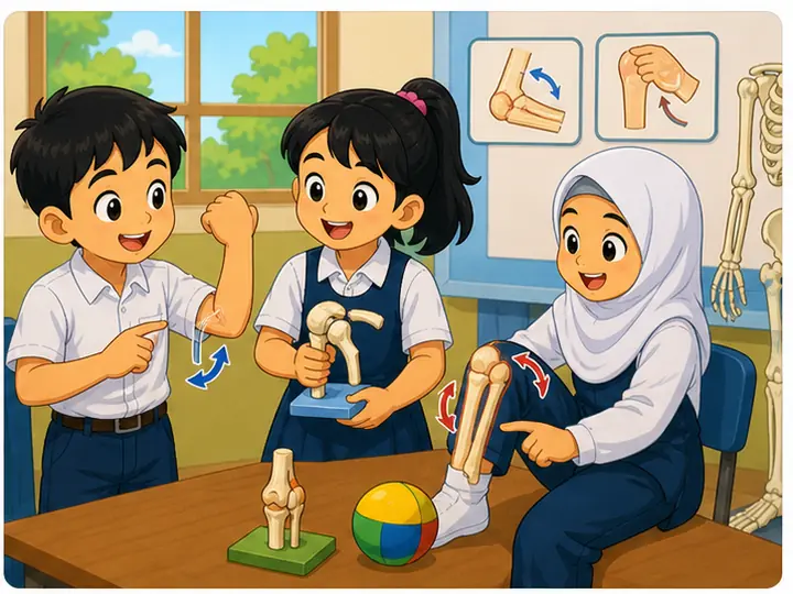 Murid menunjukkan pergerakan sendi siku lutut dan bahu