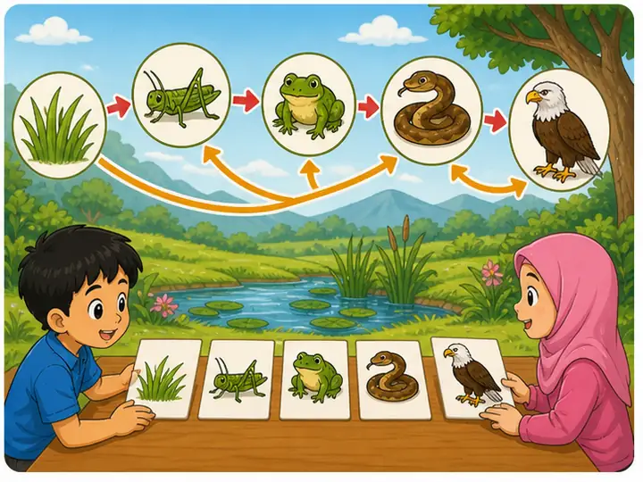 Murid menyusun kad rantai makanan