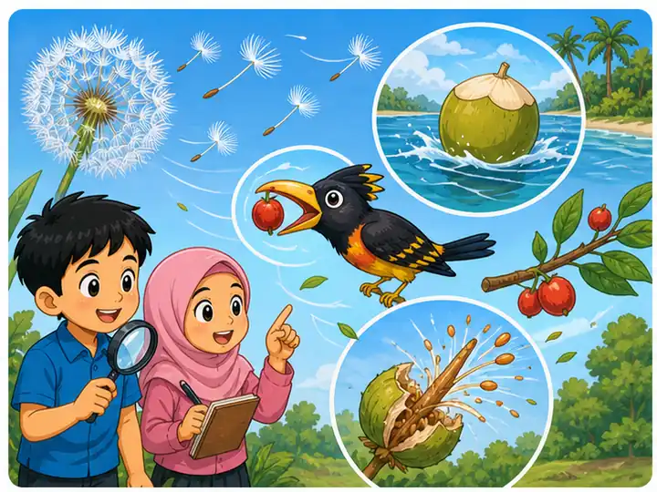 Murid memerhati cara biji benih dipencarkan