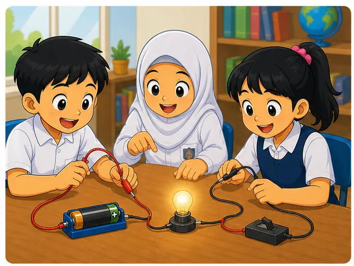 Murid membina litar elektrik ringkas