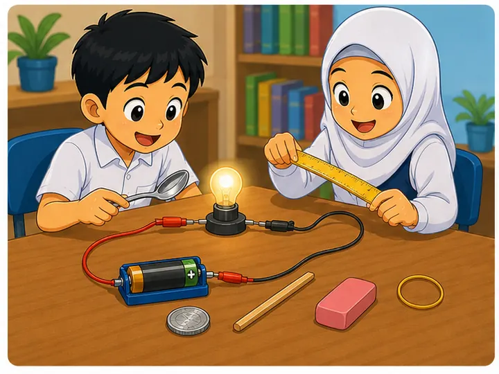 Murid menguji konduktor dan penebat