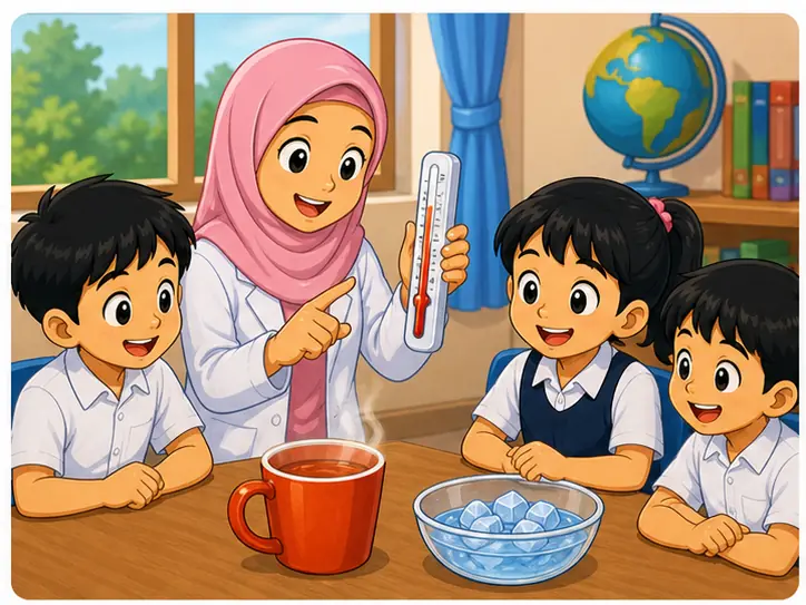 Guru menunjukkan termometer dan contoh bahan panas serta sejuk