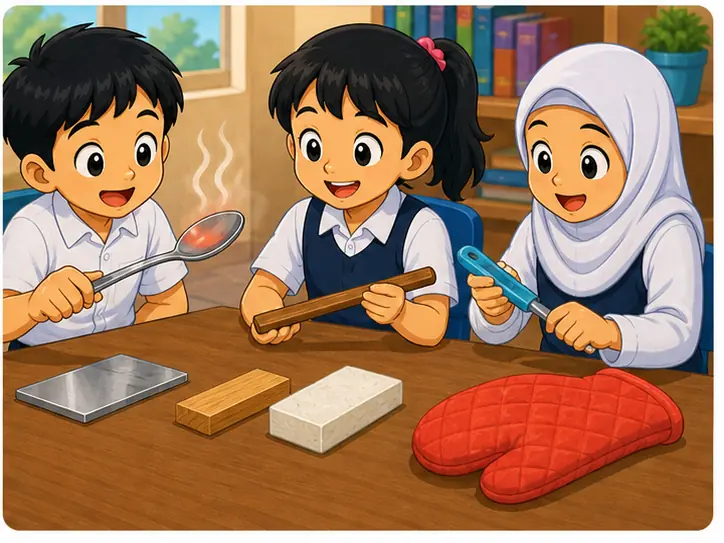 Murid membandingkan bahan konduktor dan penebat haba
